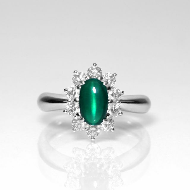 コロンビア産エメラルドキャッツアイ0.95ctプラチナリングダイヤ0.61ct 