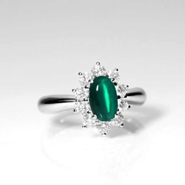 コロンビア産エメラルドキャッツアイ0.95ctプラチナリングダイヤ0.61ct