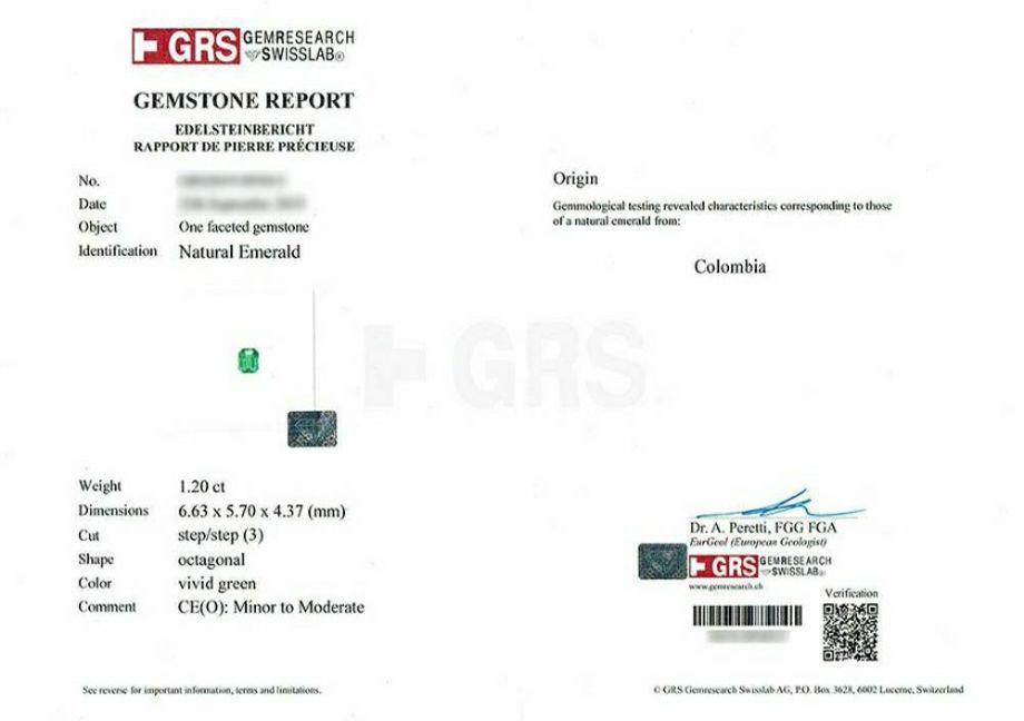 em7423 コロンビア産エメラルドステップカット1.20ct(GEM RESEARCH SWISSLAB宝石鑑別書付）鑑別書