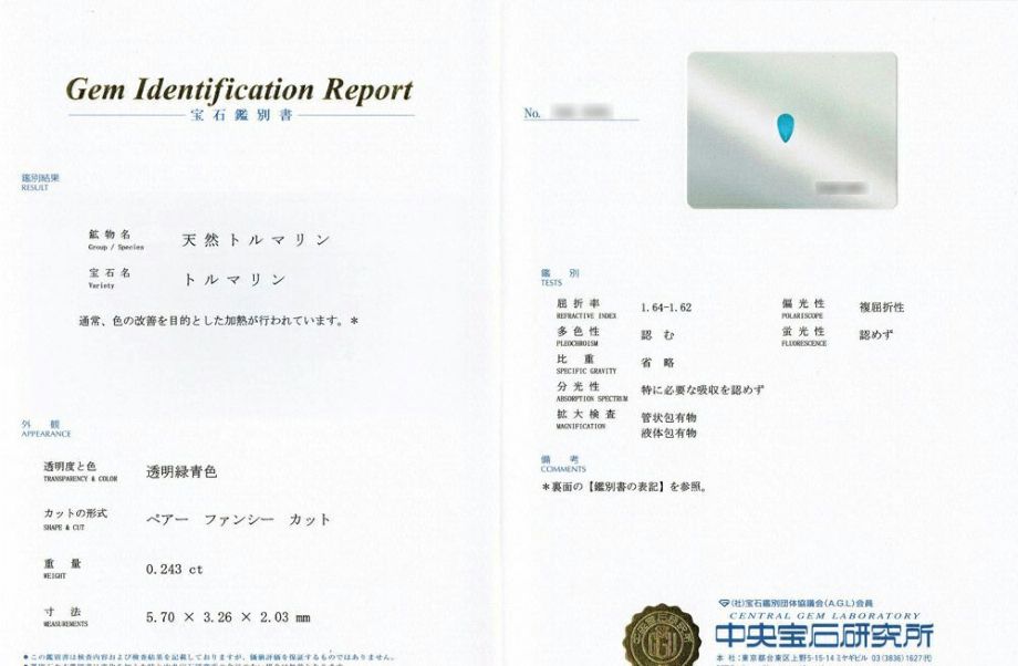 バターリャ産パライバトルマリンルース オーバルカット 0.243ct 中央宝石研究所パライバトルマリン分析レポート鑑別書