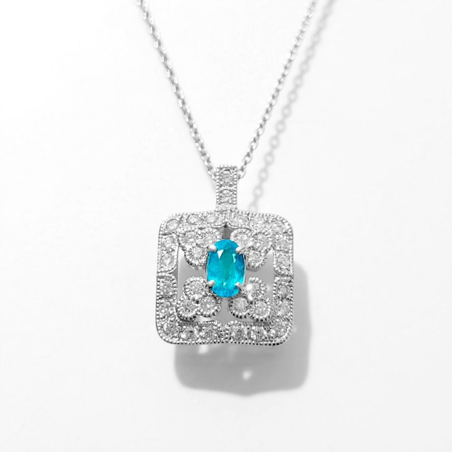  ブラジル産バターリャ鉱山パライバトルマリン0.21ct プラチナネックレス ダイヤ0.19ct付(全国宝石学協会パライバ分析レポート付宝石鑑別書付)