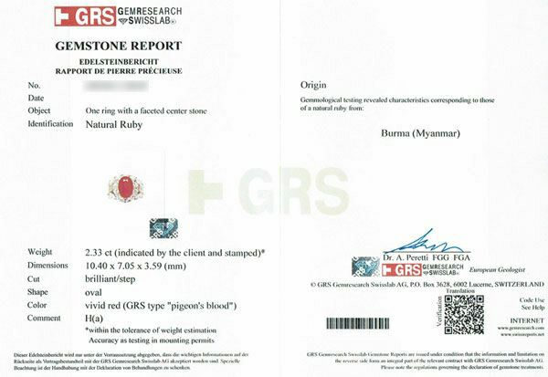GEM RESEARCH SWISSLAB宝石鑑別書