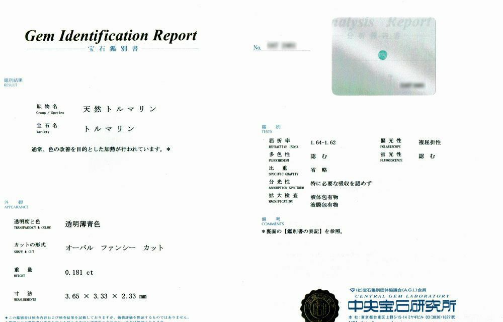 中央宝石研究所パライバトルマリン分析レポート宝石鑑別書
