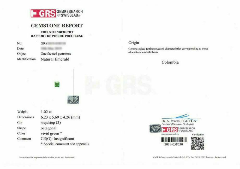  コロンビア産ムゾー鉱山エメラルド1.02ct(GRS宝石鑑別書付)