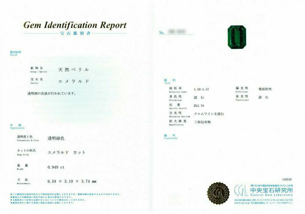 中央宝石研究所宝石鑑別書