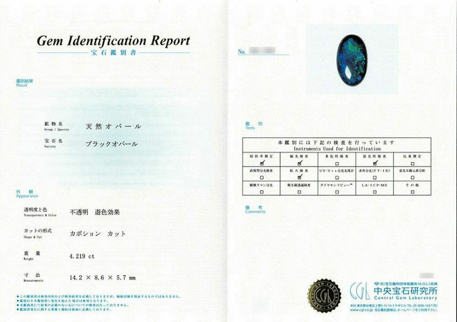 中央宝石研究所宝石鑑別書