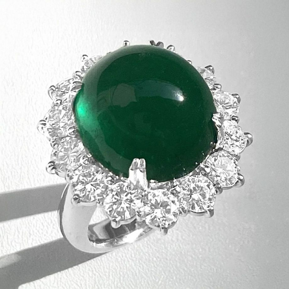 GTC宝石鑑別書コロンビア産エメラルドキャッツアイ14.04ctctプラチナリングダイヤ2.85ct付(GTC宝石鑑別書付)