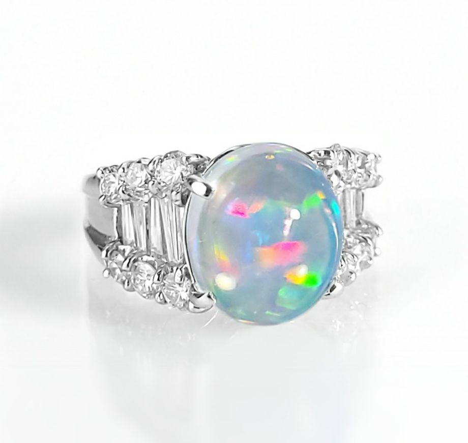 メキシコ産ウォーターオパール4.55ctプラチナリングダイヤ1.47ct付