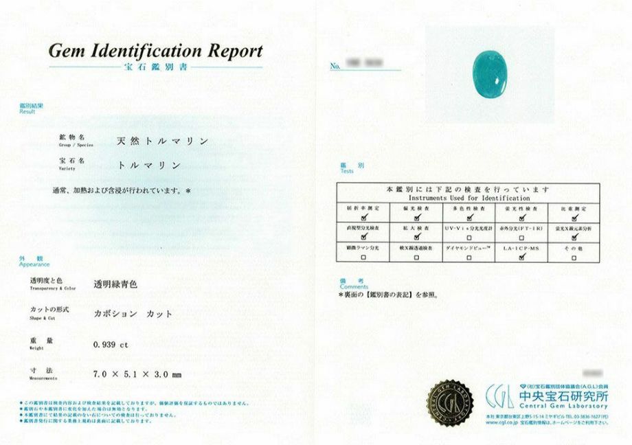 中央宝石研究所宝石鑑別書