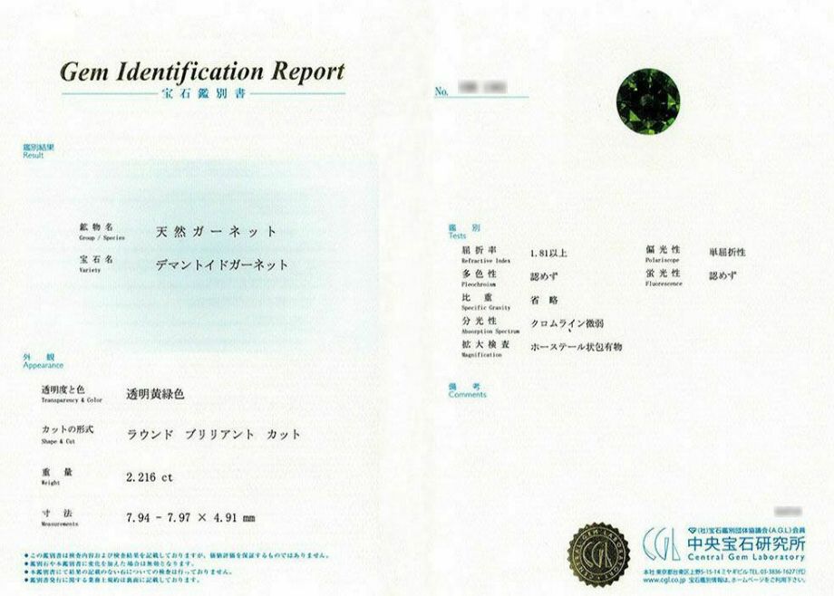 中央宝石研究所宝石鑑別書