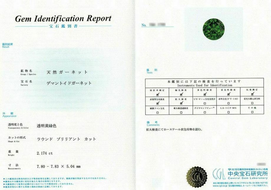 中央宝石研究所宝石鑑別書