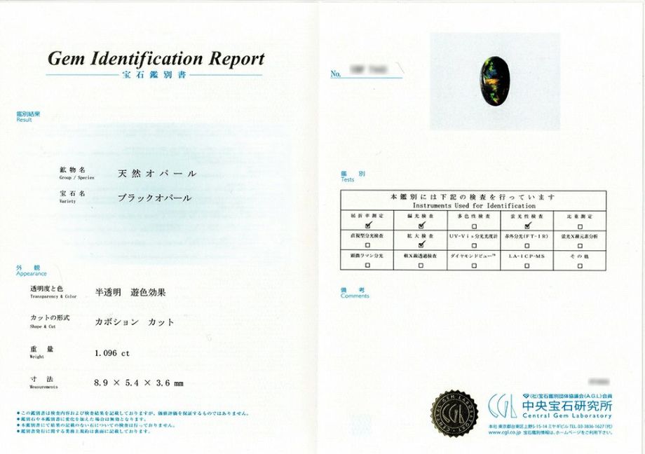 中央宝石研究所宝石鑑別書