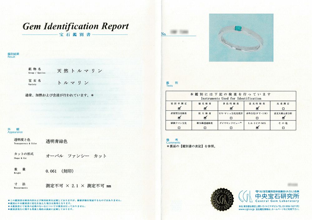 中央宝石研究所パライバトルマリン分析レポート宝石鑑別書
